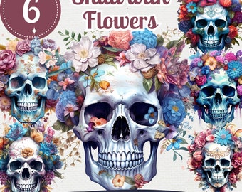 Könnte beinhalten: Sechs digitale Clipart-Bilder von Schädeln mit bunten Blumenkränzen. Die Schädel sind weiß mit blauen Details und die Blumen sind in den Farben Rosa, Blau, Lila und Gelb.