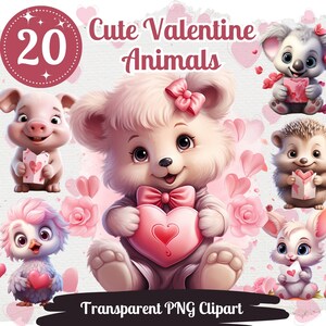 Valentines dieren cliparts 20 PNG bundel romantische dieren grafische Valentijnsdag set kaart Crafting junk Journal Kit schattige liefdesafbeeldingen