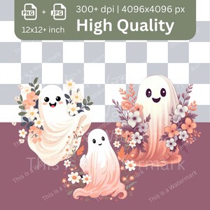 Retro Ghost Clipart Bundle: Floral Halloween PNG, JPG (Commercial Use) image 2