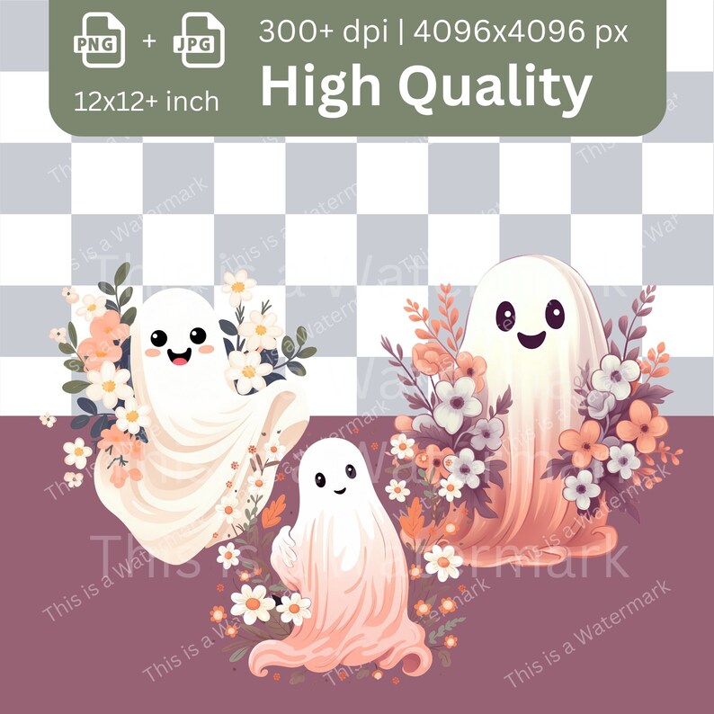 Retro Ghost Clipart Bundle: Floral Halloween PNG, JPG (Commercial Use) image 2