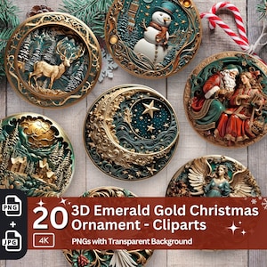 Adorno navideño 3D, paquete de 20 PNG, diseño de sublimación de oro verde esmeralda, elegante efecto 3D, decoración navideña redonda, imágenes prediseñadas