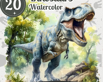 Dinosaur Cliparts 20 PNG Bundle Watercolor Prehistoric Landscape Graphics T-Rex Triceratops Velociraptor Illustrations Dinosaur Decor