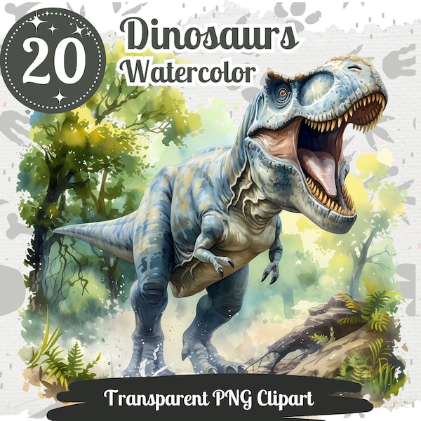 Cliparts de dinosaurios 20 PNG Paquete acuarela Paisaje prehistórico Gráficos T-Rex Triceratops Velociraptor Ilustraciones Decoración de dinosaurios