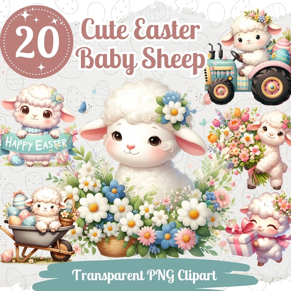Cute Easter Lamb Cliparts 20 PNG Bundle Lovely Pastel Easter Baby Sheeps Card Crafting Junk Journal Kit Happy Easter Spring Graphic