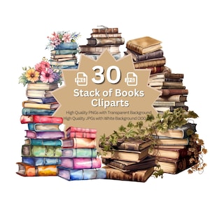 Stack of Books Megabundle 30+30 High Quality PNGs Book Clipart Nursery Art Card Making Clip Art Digital Paper Craft School Graphics