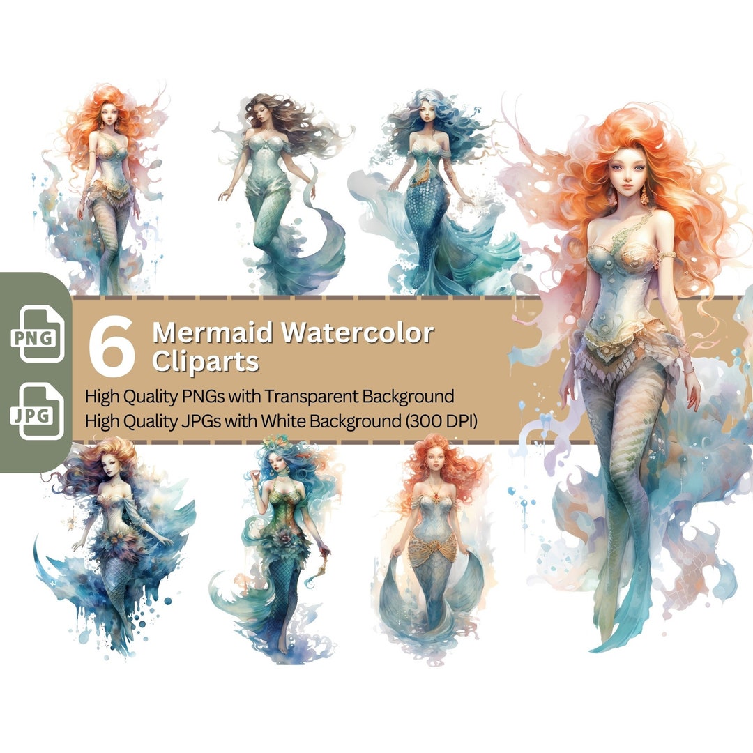 Watercolor Mermaid Clipart Bundle: Fantasy PNG Designs (digital ...