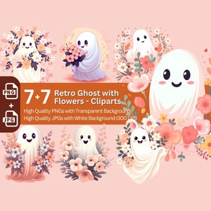 Retro Ghost Clipart Bundle: Floral Halloween PNG, JPG (Commercial Use) image 1