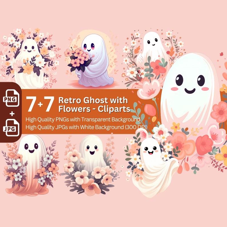 Retro Ghost Clipart Bundle: Floral Halloween PNG, JPG (Commercial Use) image 1