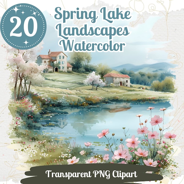 Lot de 20 cliparts de paysage de lac de printemps PNG, aquarelle, lac, paysage, graphiques, campagne, nature, étang, Clipart, carte, fabrication