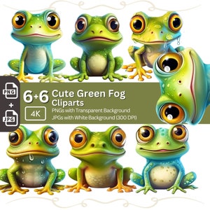 Cute Frogs Clipart 6x PNG Bundle Card Making Cartoon Animal T-Shirt Design Nursery Art Funny Frog Graphic Junk Journal Kit Design