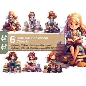 Cute Girl Bookworm PNG Clip Art Bundle dla miłośników książek Sublimacja Tumbler Card Making T-shirt Sztuka przedszkolna Stos książek Album ze zdjęciami