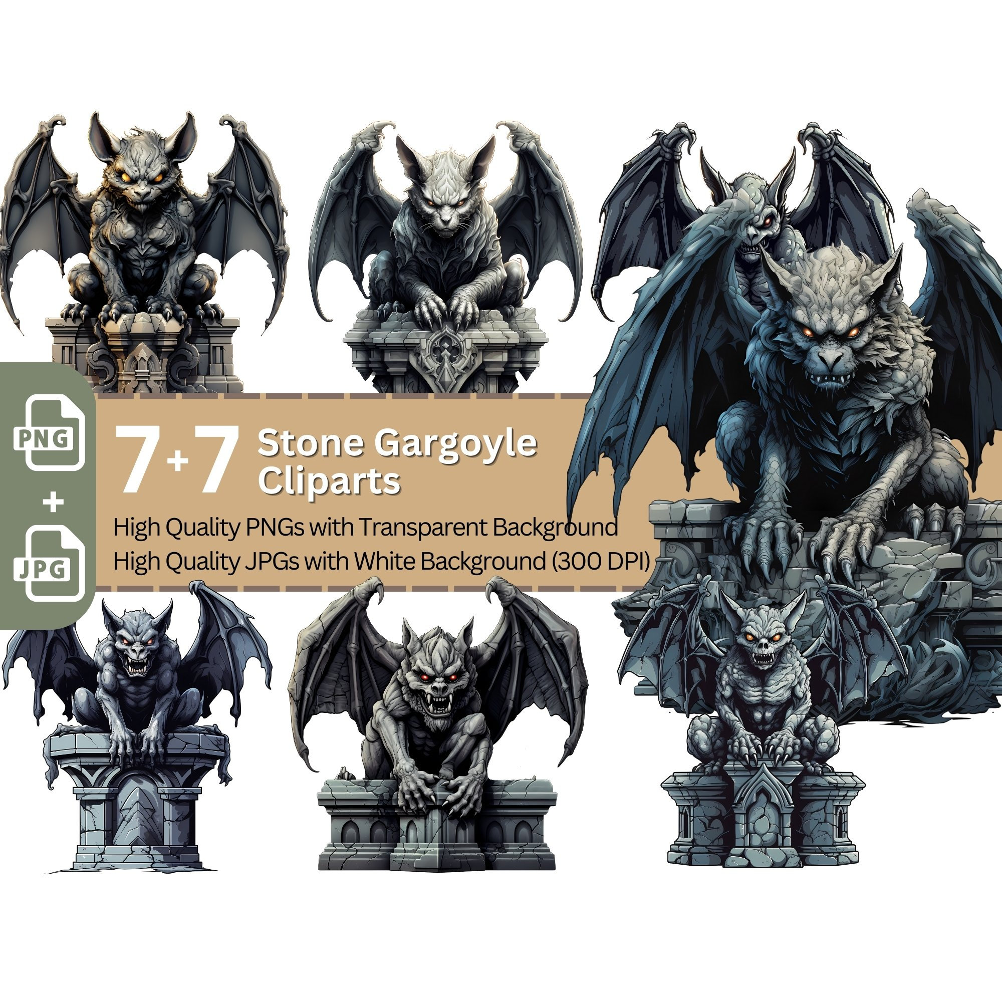 Stone Gargoyle Clip Art Bundle: Fantasy Gothic PNG Graphics