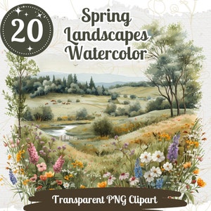 Imágenes prediseñadas de paisaje de primavera 20 PNG paquete acuarela flores silvestres prado gráficos campo ilustración granja paisaje clipart tarjeta elaboración