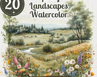 Aquarel lentelandschap clipart: Wildflower Meadow png-bundel (digitale download)
