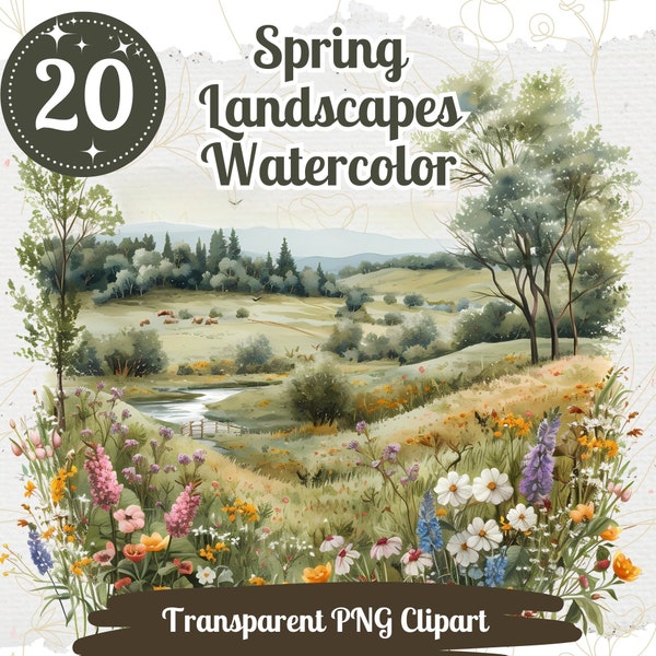 Spring Landscape Cliparts 20 PNG Bundle Watercolor Wildflower Meadow Graphics Countryside Illustration Farm Landscape Clipart Card Crafting