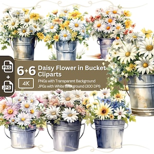 Daisy in Bucket Clipart PNG Bundle Flower Digital Paper Crafting Graphic Floral Design Card Making Orange Rose Flower Wedding Junk Journal