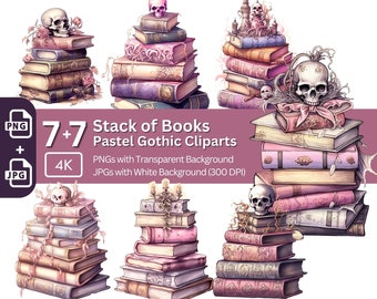 Pastel Gothic Book Stack Clipart: Watercolor PNG JPG Bundle (Digital Download)