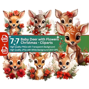 Christmas Deer Clipart 7+7 PNG JPG Bundle Digital Planner Paper crafts Watercolor Cute Baby Deer Poinsettia Xmas Sublimation Clipart
