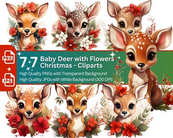 Christmas Deer Clipart: Watercolor Poinsettia PNG JPG Bundle (Digital Download)