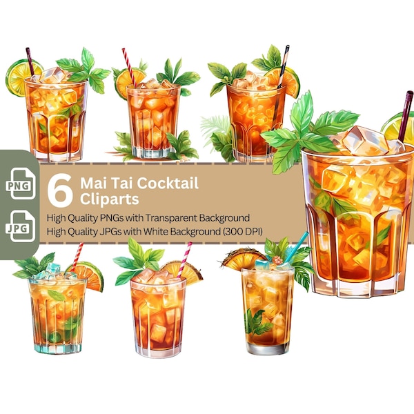 Mai Tai Cocktail 6x PNG Clip Art Bundle Classic Summer Cocktail Menu Clipart Digital Illustration Spirits Summer Beverages Art