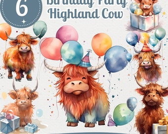 Clipart di compleanno di mucca delle Highlands: pacchetto PNG di animali ad acquerello (download digitale)