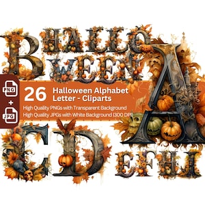 Alfabeto de Halloween 26x PNG Clip Art Bundle Letras extravagantes Cor de outono para cartões de convite Fonte assustadora Iniciais completas do alfabeto em inglês