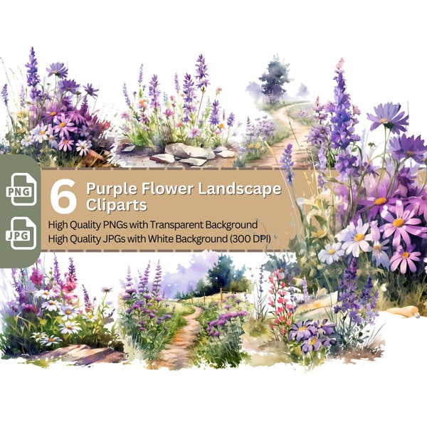 Purple Flower Landscape 6x PNG Clip Art Bundle Watercolor Summer Meadow Design Card Making Paper Crafting Children Book Clipart Invitation