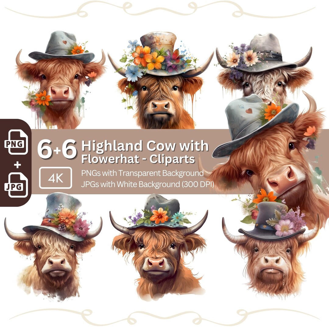 Highland Cow Flower Hat PNG Bundle for Sublimation & Clipart ...
