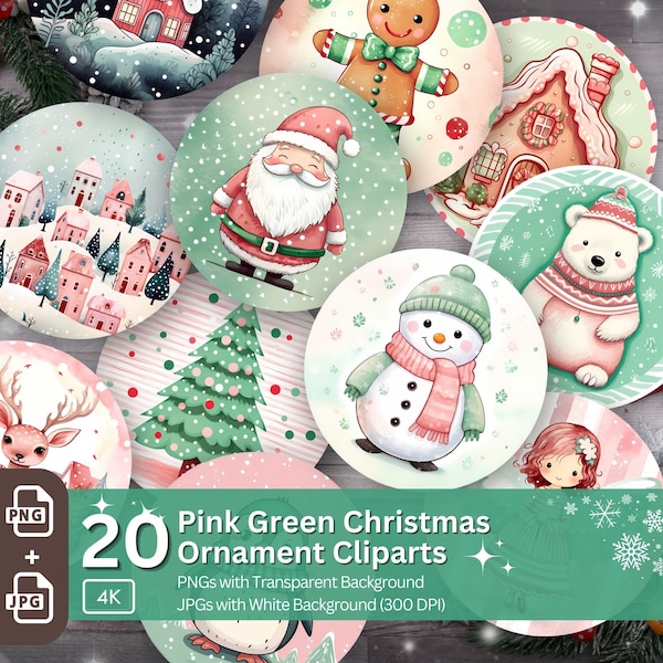 Pink Mint Christmas Ornaments 20 PNG Printable Bundle Sublimation Design Festive Round Stickers Cute Animal Clipart Soft Pink Mint Green