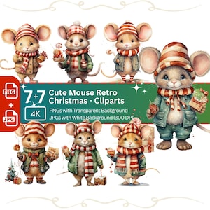 Cute Christmas Mouse 7+7 PNG JPG Bundle Festive Animal Clipart Nursery Art Card Making Clip Art Digital Paper Craft Holiday Mouse Graphic