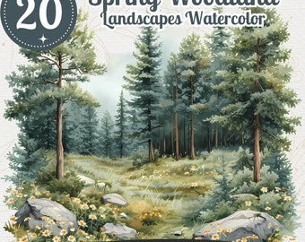 May include: A watercolor painting of a spring woodland scene with a lush green forest, a grassy clearing, and white flowers. The painting is part of a set of 20 watercolor landscapes.