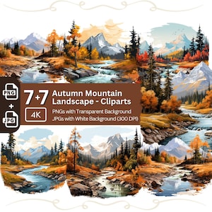 Fall Watercolor Mountain Landscape Clipart 7+7 PNG JPG Bundle Invitation Card Graphic Paper Crafting Thanksgiving Holiday Graphic