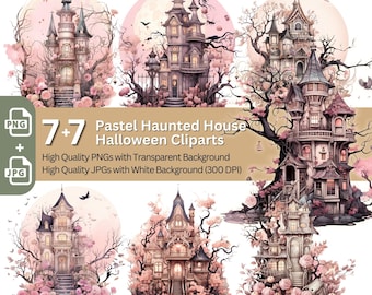 Pastel Haunted House Clipart: Boho Halloween PNG Bundle (Digital Download)
