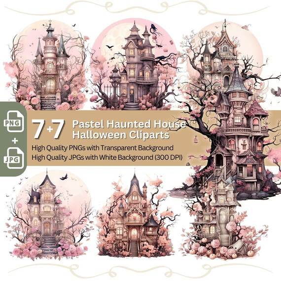 Pastel Haunted House Clipart: Boho Halloween PNG Bundle (Digital Download)