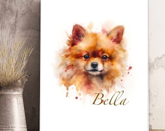 Personalized Pomeranian watercolor style dog art portrait painting pet memorial gift