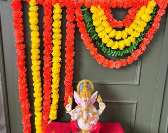 Small backdrop, Marigold Torn/ valence/Ganpati decoration/ backdrop/marigold flower torn/ door hanging, Floral Hanging, Diwali Decor