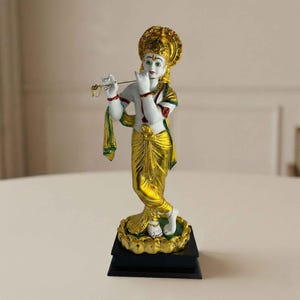TCG Elite Lord Krishna Statue, White Golden Fiber Resin, Flute Playing Divinity
