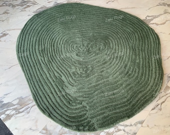 Irregular Round Hand-Tufted 100% Wool Area Rug in Green loop and cut pile carpet for Living Room, Bedroom or Kids Room, luxury Home decor.