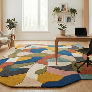 Colorful Abstract Irregular Shape Hand-Tufted Rug, Kids Playroom Teepee Art, Wooden Toy Pikler Triangle Decor, Montessori Kids Gift Rug