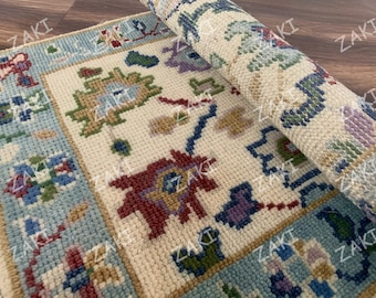 Blue and White Turkish Oushak Rug: Hand-Knotted Wool Rug