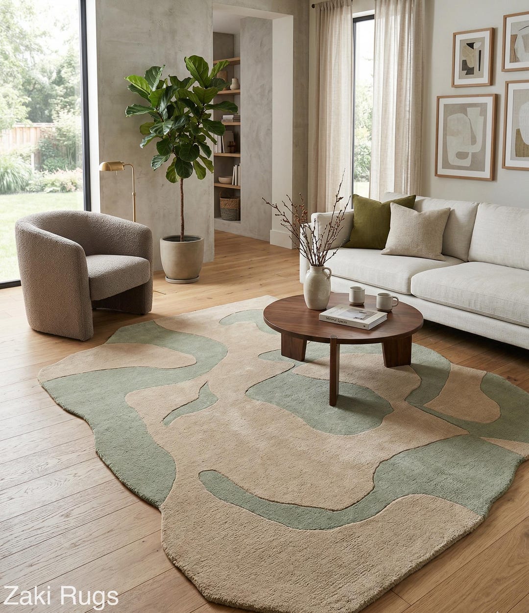 Sage Beige Abstract Wool Rug | 8x10 Hand-tufted Geometric Curvy Carpet ...