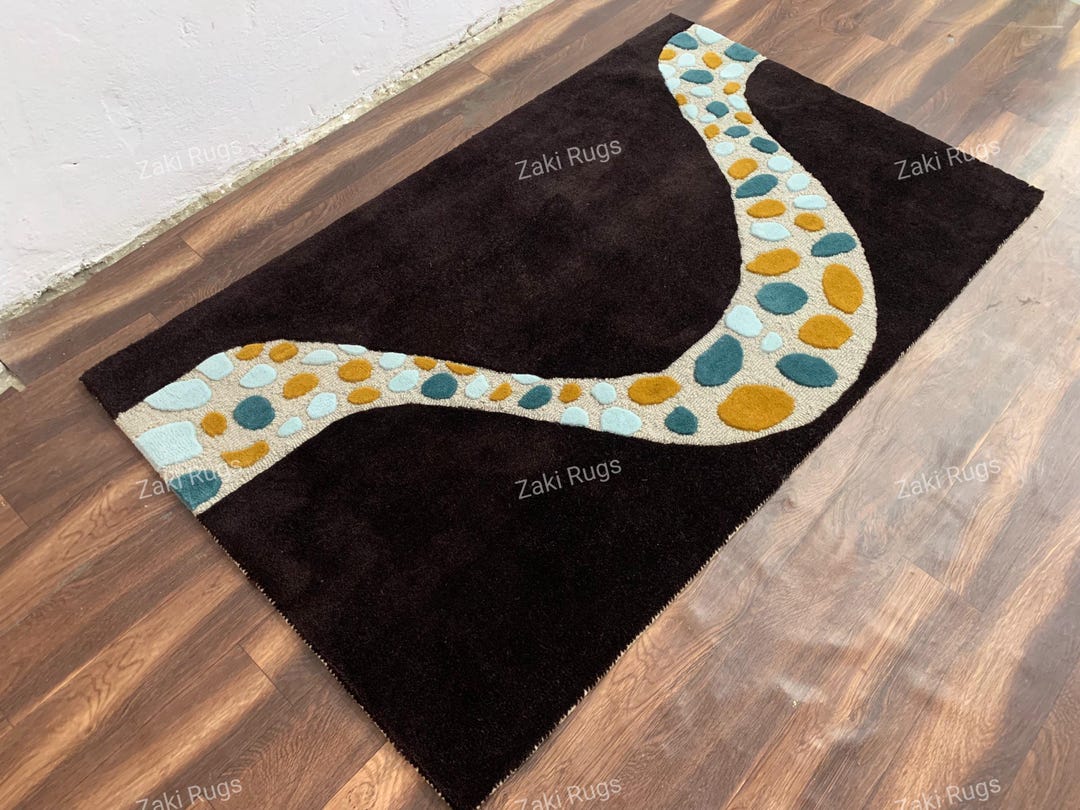 Hand Tufted New Zealand Wool Rug: River Pattern, Black & Multicolor - Etsy