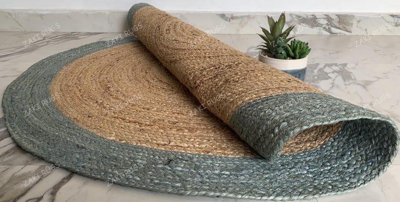 Handwoven Jute Round Area Rug: Black & Turquoise Border, Bohemian Style ...