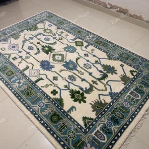 6X9 White Blue with green Oushak Made to Order (In Any Size!!!!!) Geometric Knotted Modern Oushak rug/ large area rug/pastel. for Entryway.