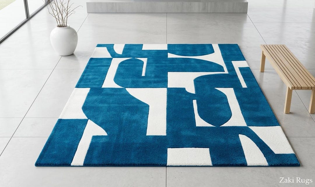 Hand Tufted Wool Area Rug: Blue White Geometric Abstract Modern Floor ...