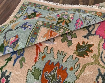 Hand-Knotted Oushak Rug: Blue, Ivory & Pink Wool, 8x10