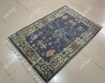 Handmade Light Purple Oushak Rug: Traditional Semi Wool Rug