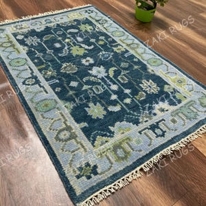 Granatowy dywan Oushak, ręcznie tkany, 8x10, 9x12, 10x14, wełniany, tradycyjny i zabytkowy, antyczny dywan wełniany Oushak do salonu, sypialni dziecięcej.