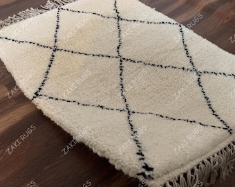 Hand Knotted Wool Rug: Cream Moroccan Rug with Black Diamond Pattern