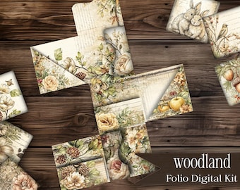 Vintage-Kartenhalter im Wald-Folio-Stil, digital druckbares Vintage-Junkjournal-Schreibpapier, digitales Geschenk, Junkjournal, Folio-Taschen-Scrapbook